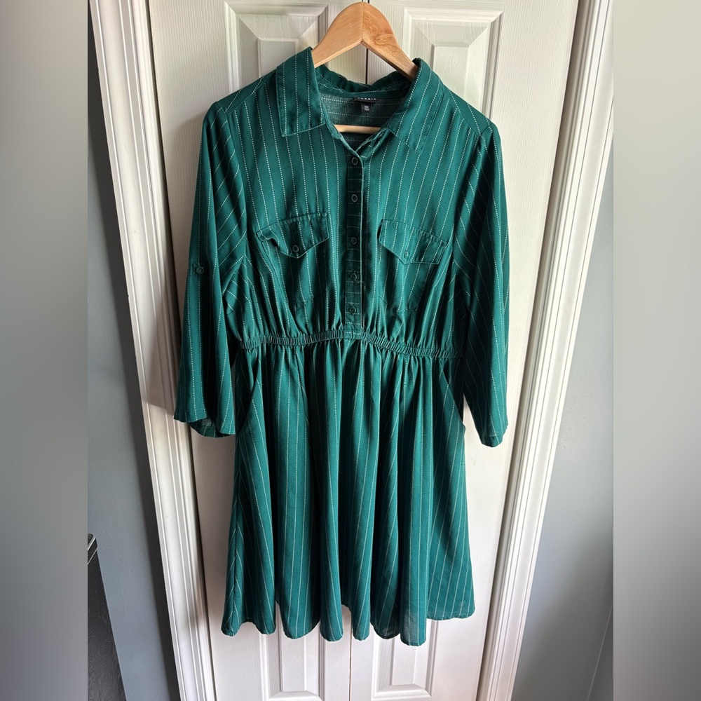 Torrid Womens Mini Shirt Dress Green Striped Roll-Tab Sleeve Size 00 (M/10)